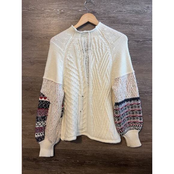 Altar’d State Sweater Crochet Ivory Balloon Sleeves Knit Crew Neck Farm Core - Picture 5 of 8